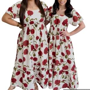 Floral Rose Maxi Dress Red Roses on White Small Maxi “Catalina Rose Dress”